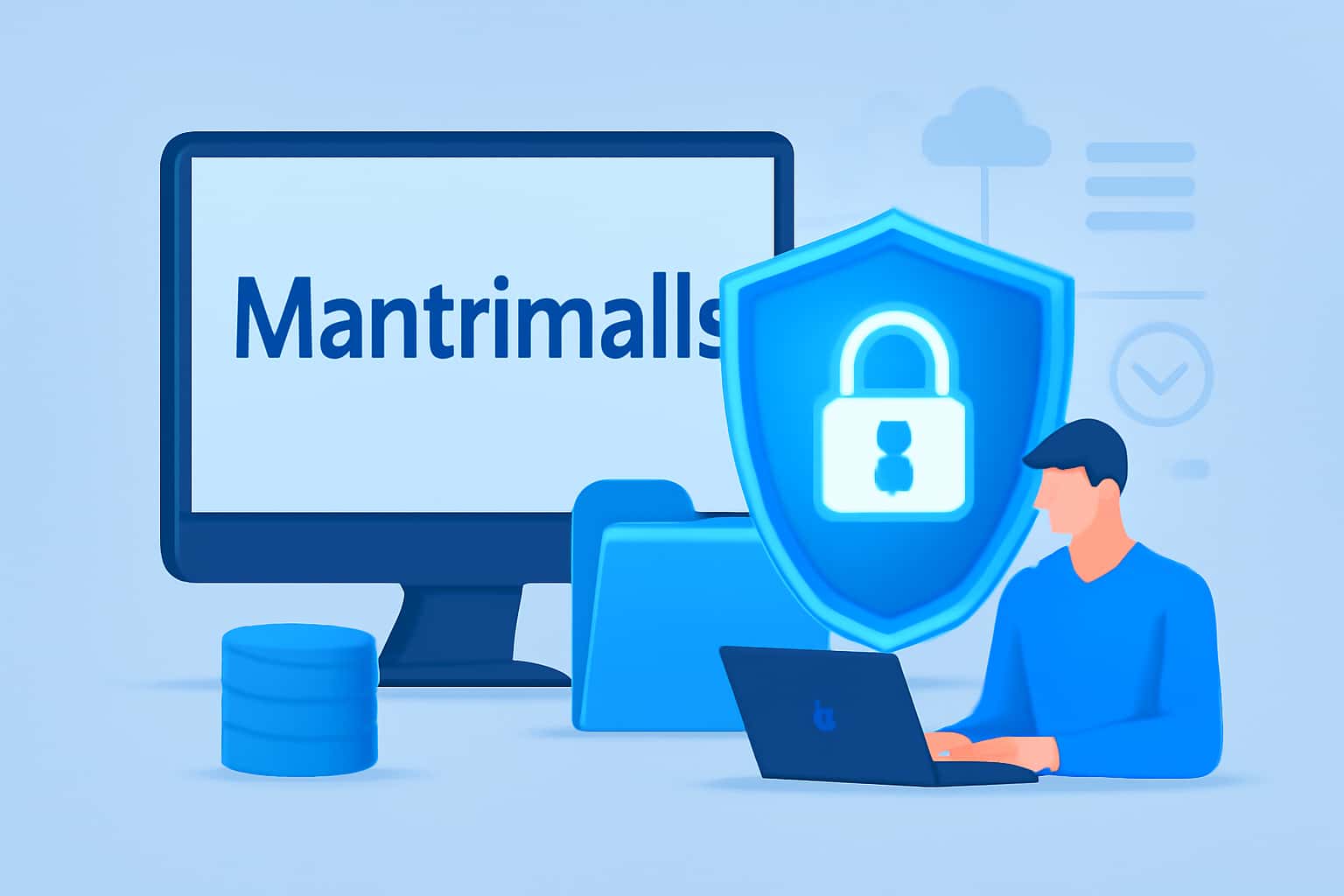 A high-tech representation of data protection concepts featuring the text 'Mantrimalls'.