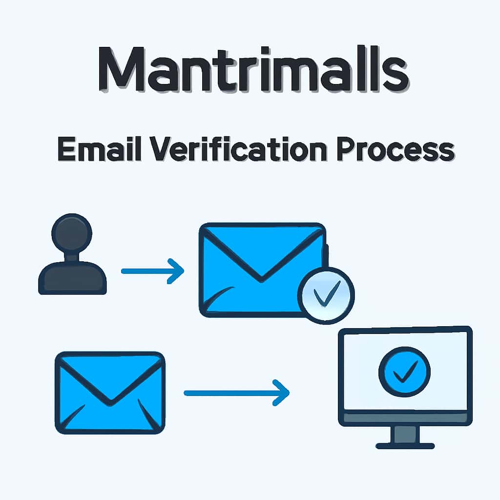 An educational diagram showing the steps involved in verifying an email for Mantrimalls.